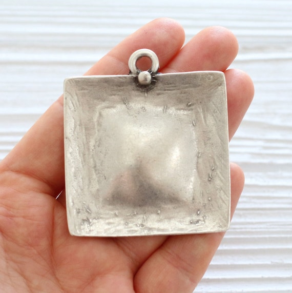 Square pendant silver, geometric pendant, hammered metal pendant, large pendants, unique pendants, rustic pendant, silver findings