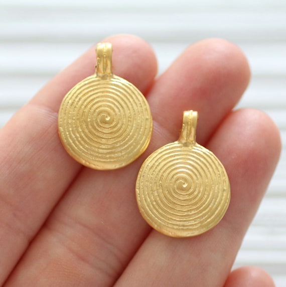 2pc spiral pendant charm, spiral dangle earrings charm, gold charms, spiral, gold round pendant charm, large hole charm pendant, matte gold