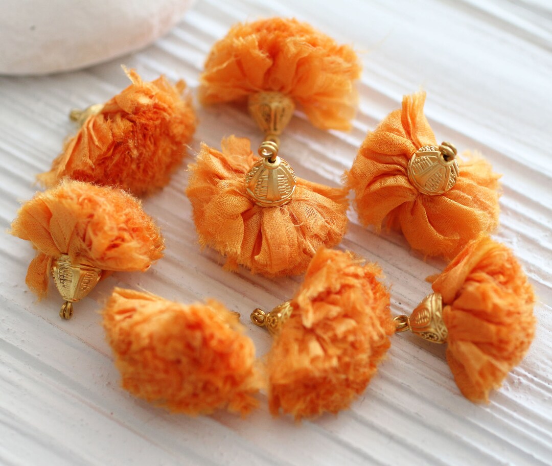 Orange Sari Silk Pom Pom Tassel, Tangerine, Silk Tassel, Tassel With