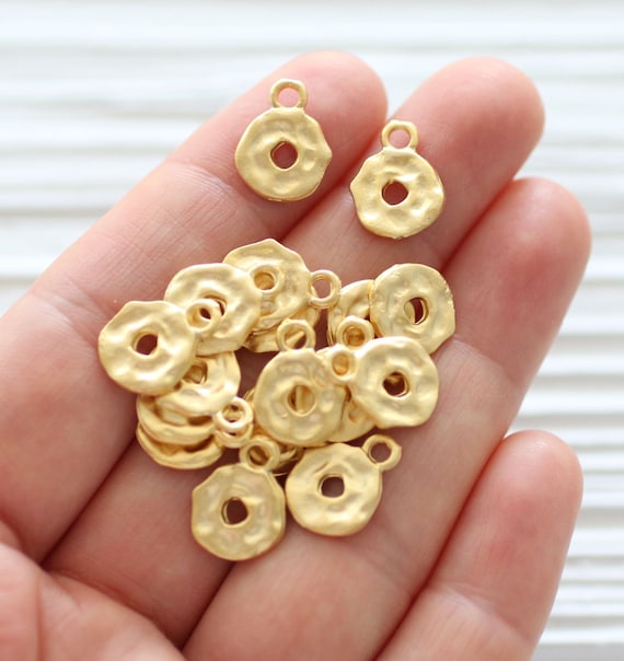 10pc hammered dangles gold, matte gold hammered beads, earring charms, gold necklace charms, round charm pendant, bracelet charms, circle