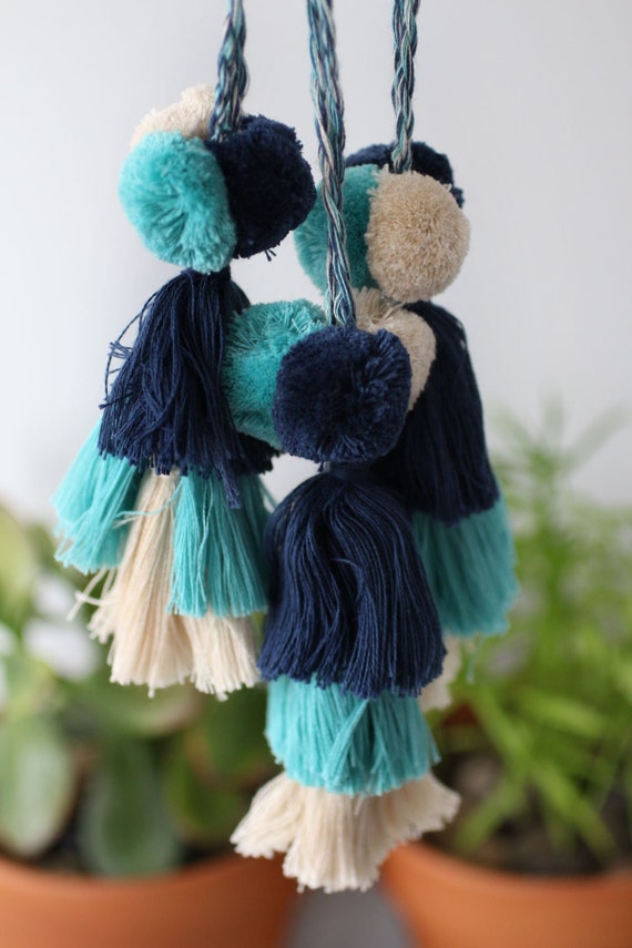 Navy pom pom tassel, purse charm, blue beige brown pom poms tassel bag charm, keychain pom poms, knob decorative pom poms, tassel swags