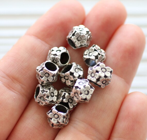 10pc large rondelle beads silver, bracelet beads, flower beads, spacer beads, slider beads, necklace large hole beads, flower charms beads