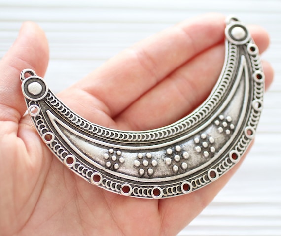 Large crescent pendant connector, focal connector, large metal collar, silver crescent moon, multi strand connector, necklace connector