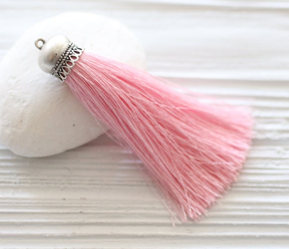 Pink silk tassel with silver cap, silk tassel pendant, silver cap tassel, baby pink silk tassel, jewelry tassel,long necklace tassel, N49