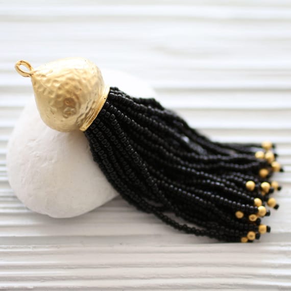 Black beaded tassel with large rustic gold cap, long bead tassel, handmade, black seed bead tassel, unique tassel pendant, necklace tassel