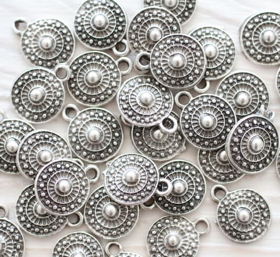 10pc tribal charms, bracelet charms, earring charms, silver beads, metal beads, mini beads, metal charms, round charms, mini silver charms,M