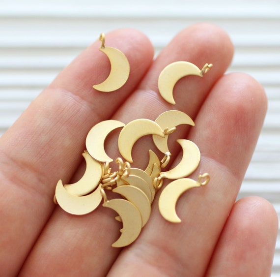 10pc crescent charms, dainty charms, earring charms, celestial charms, bracelet charms, matte gold metal beads, necklace charms, flat charms