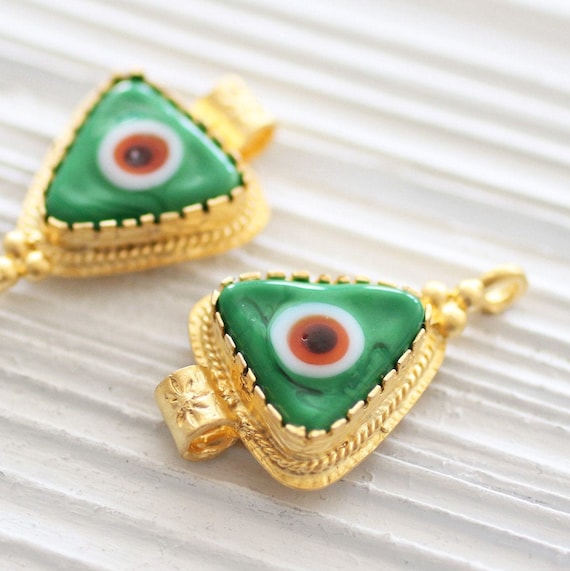 Green evil eye pendant, gold connectors, ornate, evil eye findings, evil eye connector, evil eye, gold bezel, evil eye jewelry, glass beads