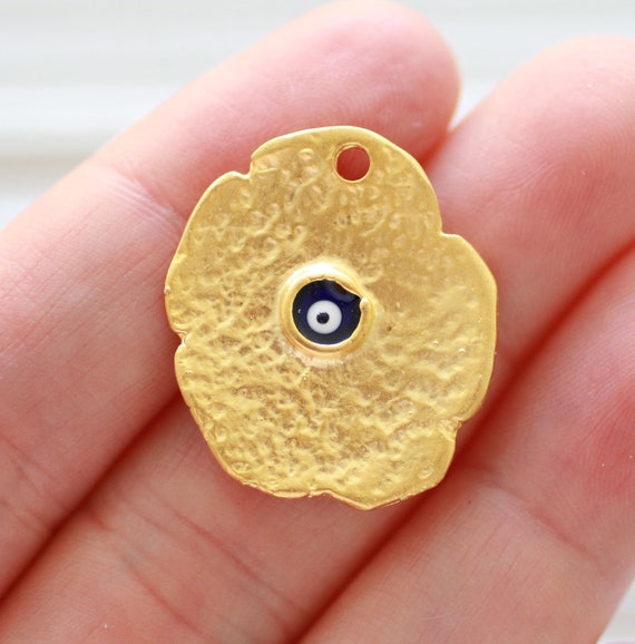 Flower pendant with evil eye, evil eye charm gold, flower dangle, flower charm, good luck earring charm, evil eye pendant, blue evil eye