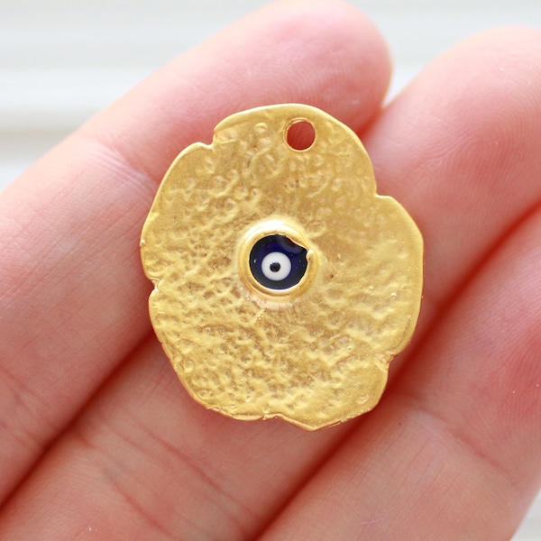 Flower pendant with evil eye, evil eye charm gold, flower dangle, flower charm, good luck earring charm, evil eye pendant, blue evil eye