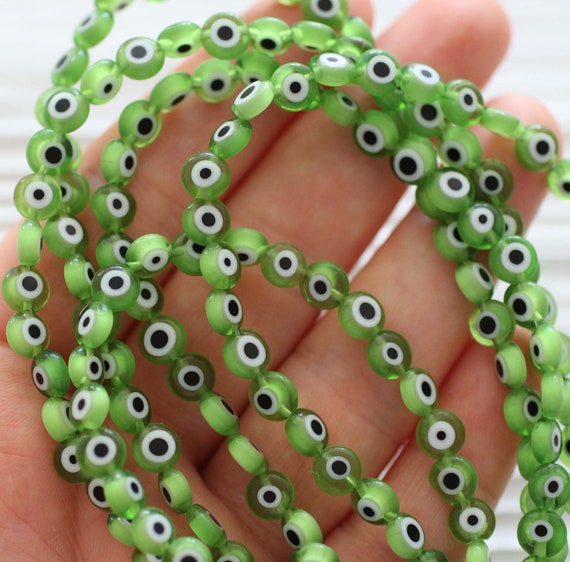 15", 65pc, 6mm green evil eye beads, lucky evil eye bracelet beads, green flat glass beads, necklace beads, round evil eye beads, DIY, EE6