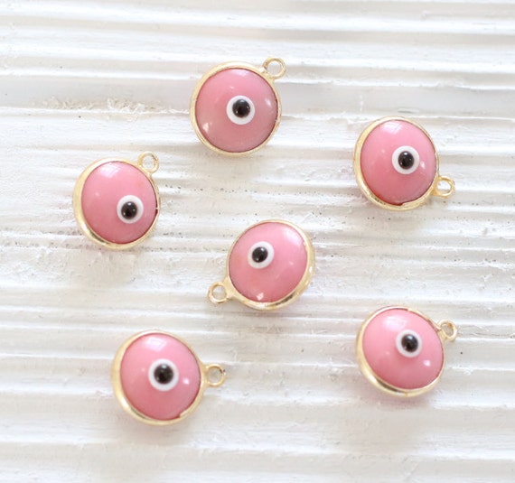 5pc pink evil eye charm,  good luck beads, evil eye beads, bracelet earring charms, glass beads, evil eye pendant, gold evil eye dangle