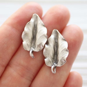 2pc leaf earrings stud set silver, earring studs silver, stud earrings, studs set, studs with loop for charms tassels, silver studs image 2