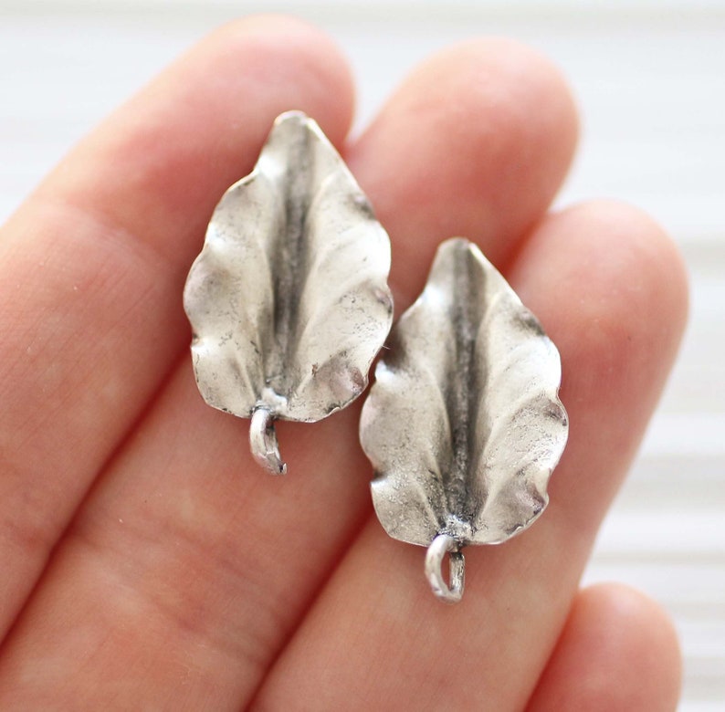 2pc leaf earrings stud set silver, earring studs silver, stud earrings, studs set, studs with loop for charms tassels, silver studs image 2