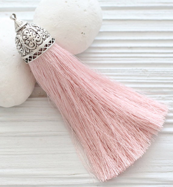 Extra large pink silk tassel with rustic silver tassel cap, silk tassels, baby pink tassel, decorative, large mala tassel, tribal tassel,N35