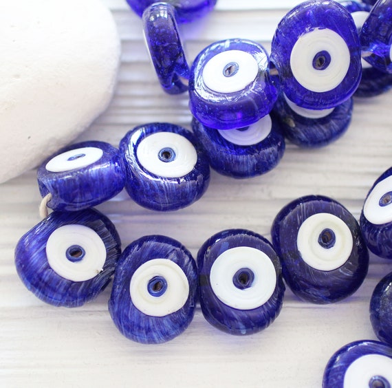 4pc blue evil eye beads, flat glass beads, lamp work beads, navy blue, blue large evil eye, glass beads, organic shaped glass beads, DIY