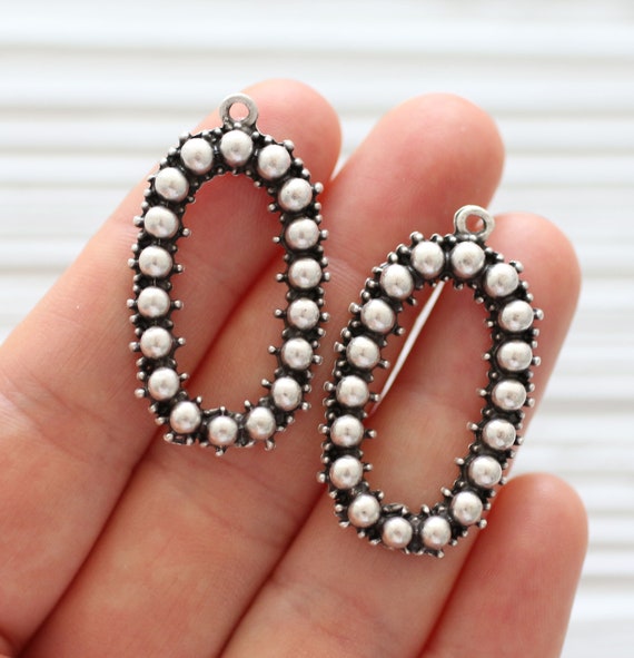 Drop pendant silver, large earrings charm, just dangle, oval pendant, pom pom pendant, silver findings, necklace focal pendant
