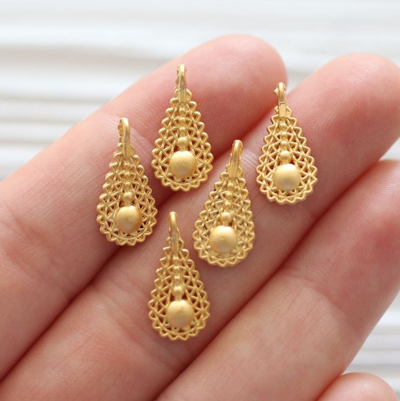 10pc drop charms, dangle charms, teardrop necklace charms, gold teardrop finding, earrings dangle, large filigree teardrop charm, gold drop