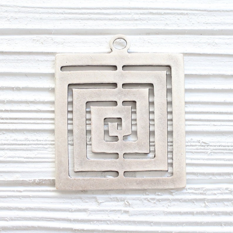 Square pendant silver, geometric pendant, spiral pendant, large pendants, unique pendant, rustic pendant, large metal pendant, square image 5