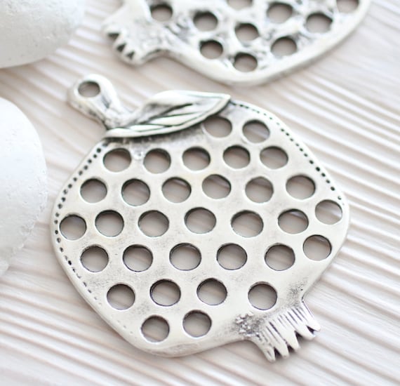 Pomegranate pendant, fruit jewelry, silver large connector, metal pomegranate, rustic pendant, silver fruit pendant, home decor, hanging