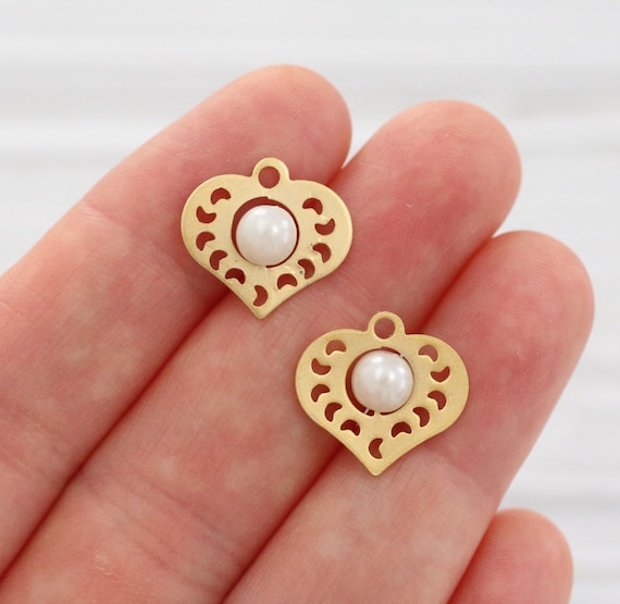 2pc heart cut out charms, dangle charms, pearl charms, filigree gold charms, mini charms, heart pendant, matte gold, earring charms, unique