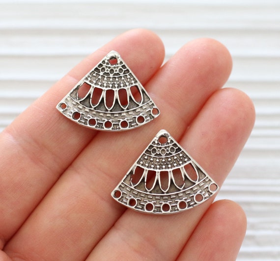 2pc silver triangle connector pendant, unique, multistrand jewelry connectors, silver earrings dangle, chandelier, filigree tribal findings