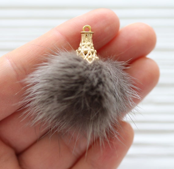 Gray pom pom tassel, faux fur pom pom earrings tassel, keychain tassel, gold cap necklace tassel, purse tassel, grey, charcoal tassel, N24