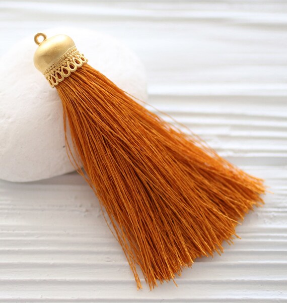 Copper silk tassel with gold tassel cap, dark mustard silk tassel, keychain tassel, silk necklace tassel, tassel pendant, mala tassel, N56