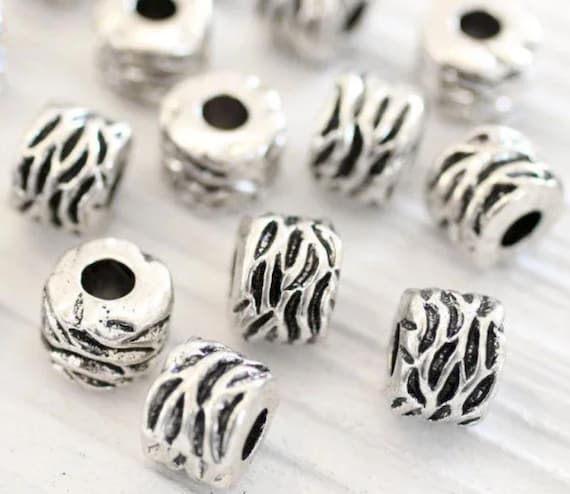 5pc large silver barrel beads, tribal rustic beads, large hole beads, silver spacers, bracelet beads, hammered beads, rondelle, bead spacers
