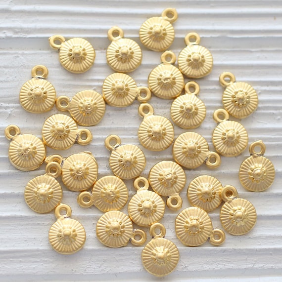 10pc gold charms, earring charms, round gold beads, dangles, gold beads, tribal, metal round charms, round charms for necklaces bracelets