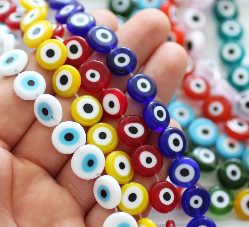 15, 30pc, 12mm yellow evil eye, round glass beads, lamp work, evil eye beads, DIY beads, flat glass beads, good luck beads, EE12 image 3