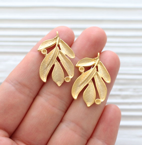 2pc gold leaf branch charm, leaf charm gold, tree branch pendant gold, earrings charm, leaf dangle pendant, earring charms gold