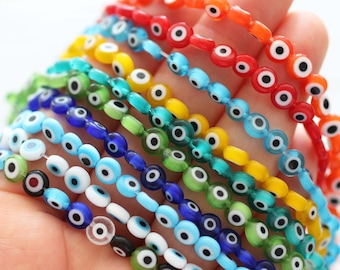 15&quot;, 65pc, 6mm evil eye beads bulk, round evil eye beads on strand, flat glass beads, blue, yellow, white,red, DIY bracelet beads,EE6