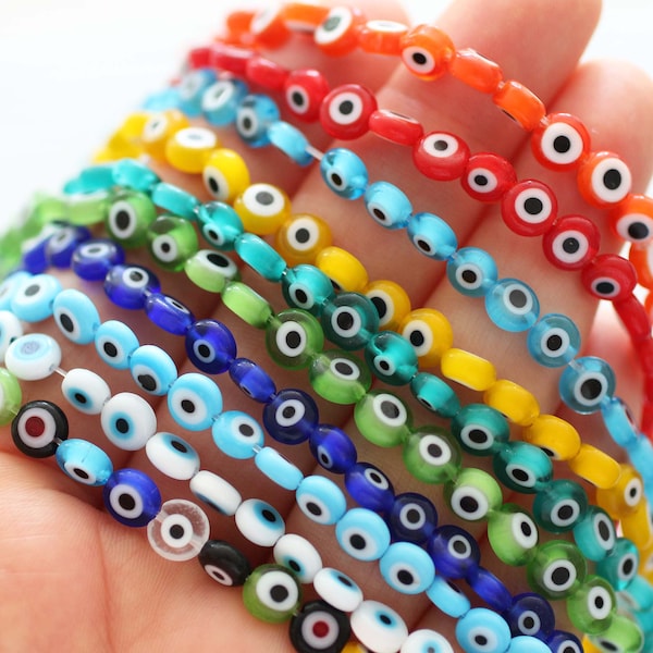 15", 65pc, 195pc, 6mm evil eye beads bulk, round evil eye beads on strand, flat glass beads, blue, yellow, white,red, DIY bracelet beads,EE6