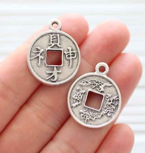 2pc silver coin pendant, Japanese coin charms, jewelry findings, coin charms silver, coin dangles, replica Japanese coins, old coin charms