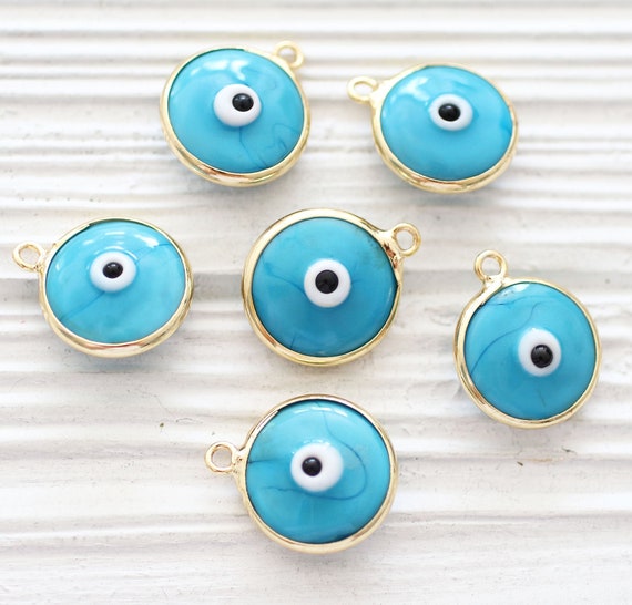 Sky blue evil eye pendant,  good luck jewelry, evil eye charms, bracelet, necklace charms, blue, gold bezel evil eye pendant, large evil eye