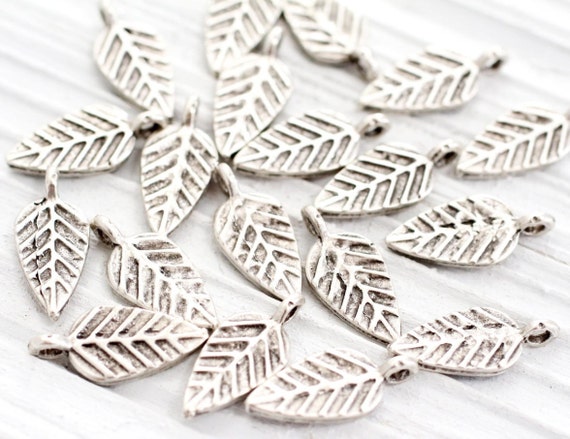 10pc silver leaf charms, rustic charms, leaf, silver leaf, mini charms, leaf charms, bracelet charms, leaf dangle pendant, antique silver