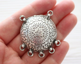 Silver tribal pendant, multistrand silver connector, round pendant, rustic, boho pendant, large silver multi strand antique connector