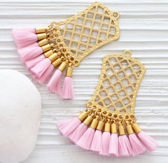 Gold filigree pendant with pink tassels, tribal tassel pendant, earrings dangle pendant, pink tassel charm gold, filigree findings