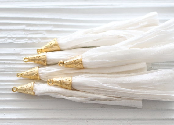 White sari silk tassel, silk tassel, off white sari silk, gold cap sari silk tassel, white silk tassel, jewelry tassels, necklace tassel, N2