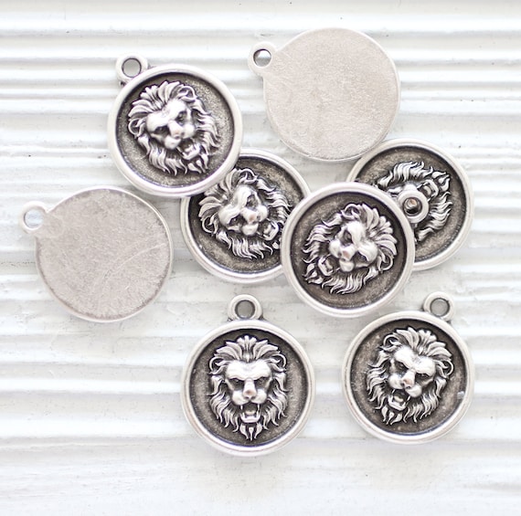 5pc lion charms, round lion pendant, large hole necklace charms, earrings charms silver, animal charms, earrings dangle, round charms silver