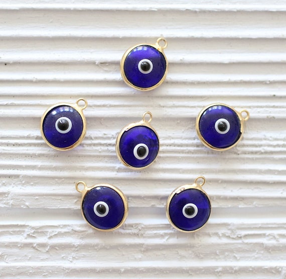 5pc navy blue evil eye pendant, good luck charm, evil eye charm, bracelet necklace earring charms, navy evil eye, gold bezel evil eye