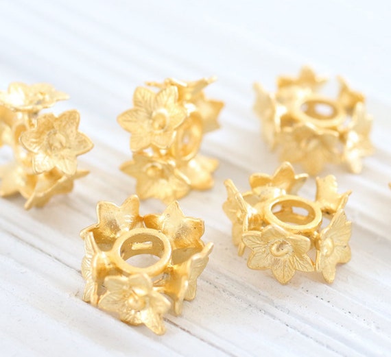 2pc gold spacer bead, rondelle, slider bead, large hole bead, gold large spacers, rustic beads, bead spacer, flower beads, flower findings