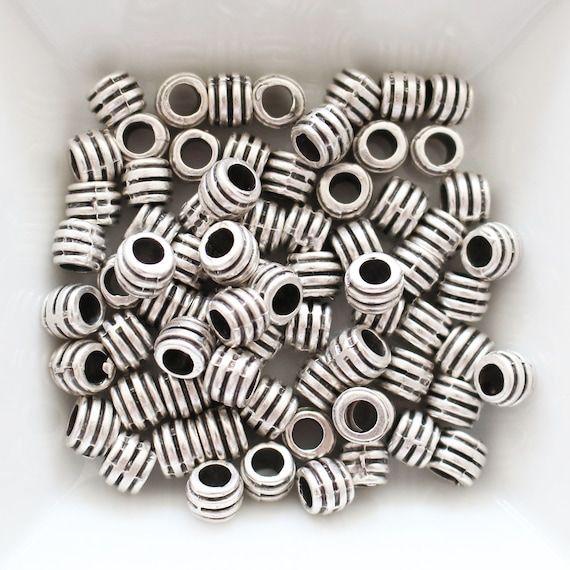 10pc tube beads silver, round barrel beads, silver rondelle beads, slider beads, rustic, large hole necklace beads, bracelet bead spacers, S