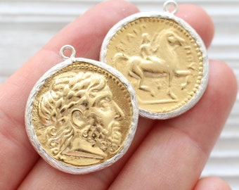 Greek coin pendant, earrings coin charm, silver framed gold coin pendant, coin charm gold, coin dangles,replica Greek coins,ancient coin,N10