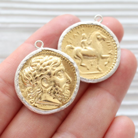 Greek coin pendant, earrings coin charm, silver framed gold coin pendant, coin charm gold, coin dangles,replica Greek coins,ancient coin,N10