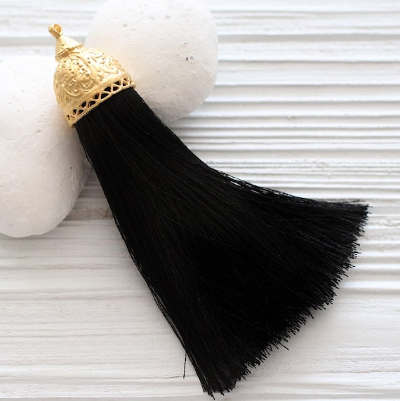 Extra large black silk tassel with rustic gold tassel cap, thick silk tassel, gold cap tassel, black, DIY, tassel pendant, mala tassel, N8