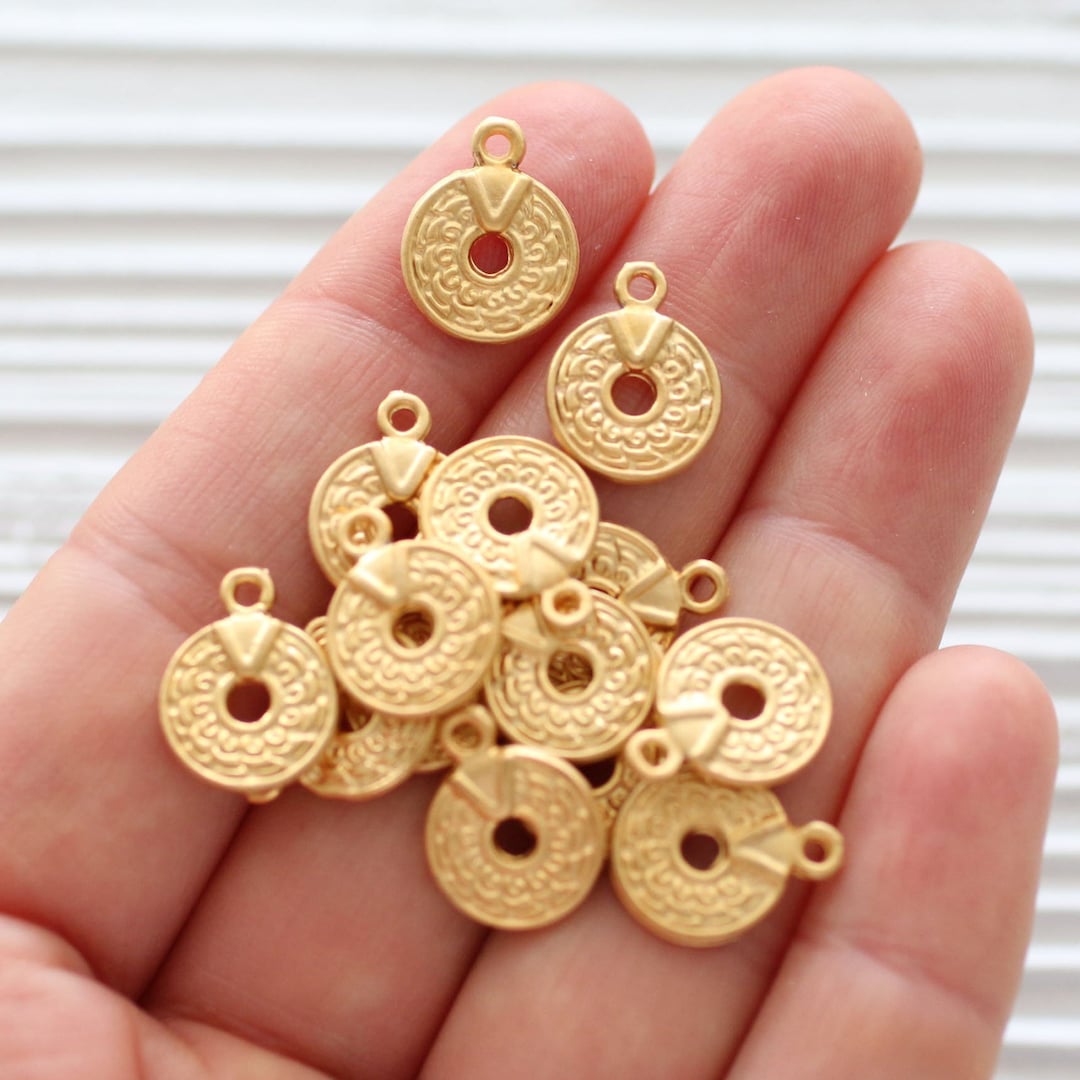 10pc Gold Charms, Earring Charms, Round Gold Beads, Dangles, Gold Beads