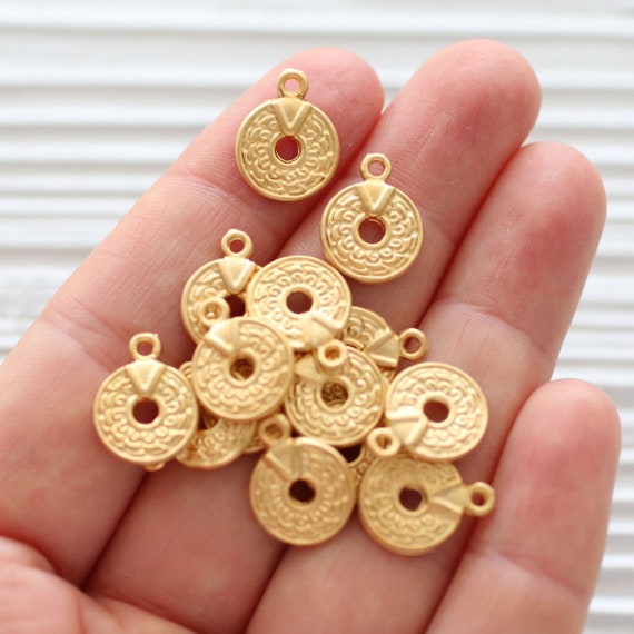 10pc gold charms, earring charms, round gold beads, dangles, gold beads, tribal, round metal charms, round charms for necklaces bracelets