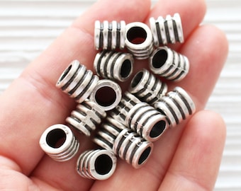 10pc tube beads silver, large round barrel beads, rondelle beads, slider beads, rustic beads, large hole beads, bracelet bead spacers, L